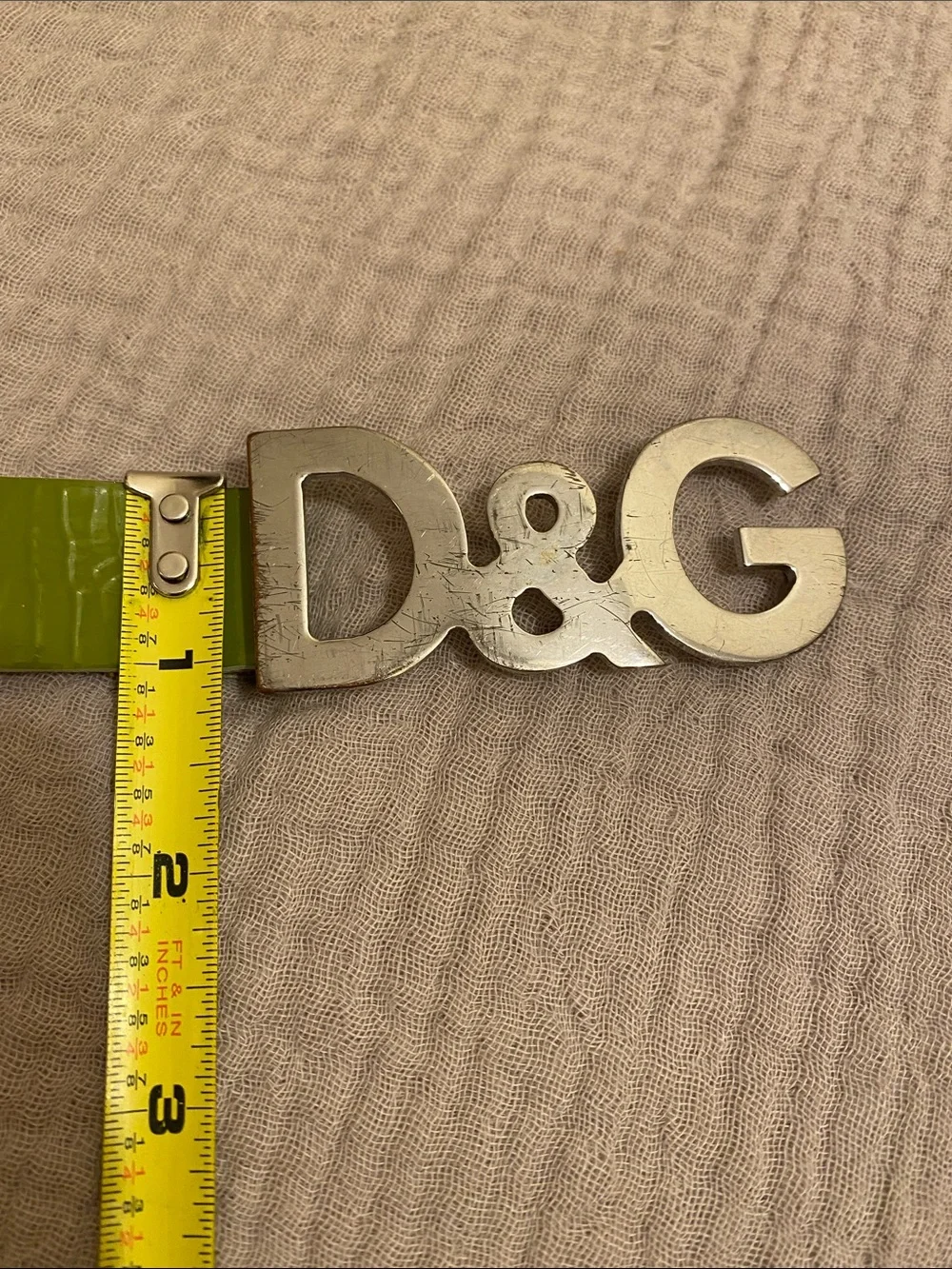 DOLCE & GABBANA D&G Lime Green Leather Belt with Silver Logo Buckle. Size 85